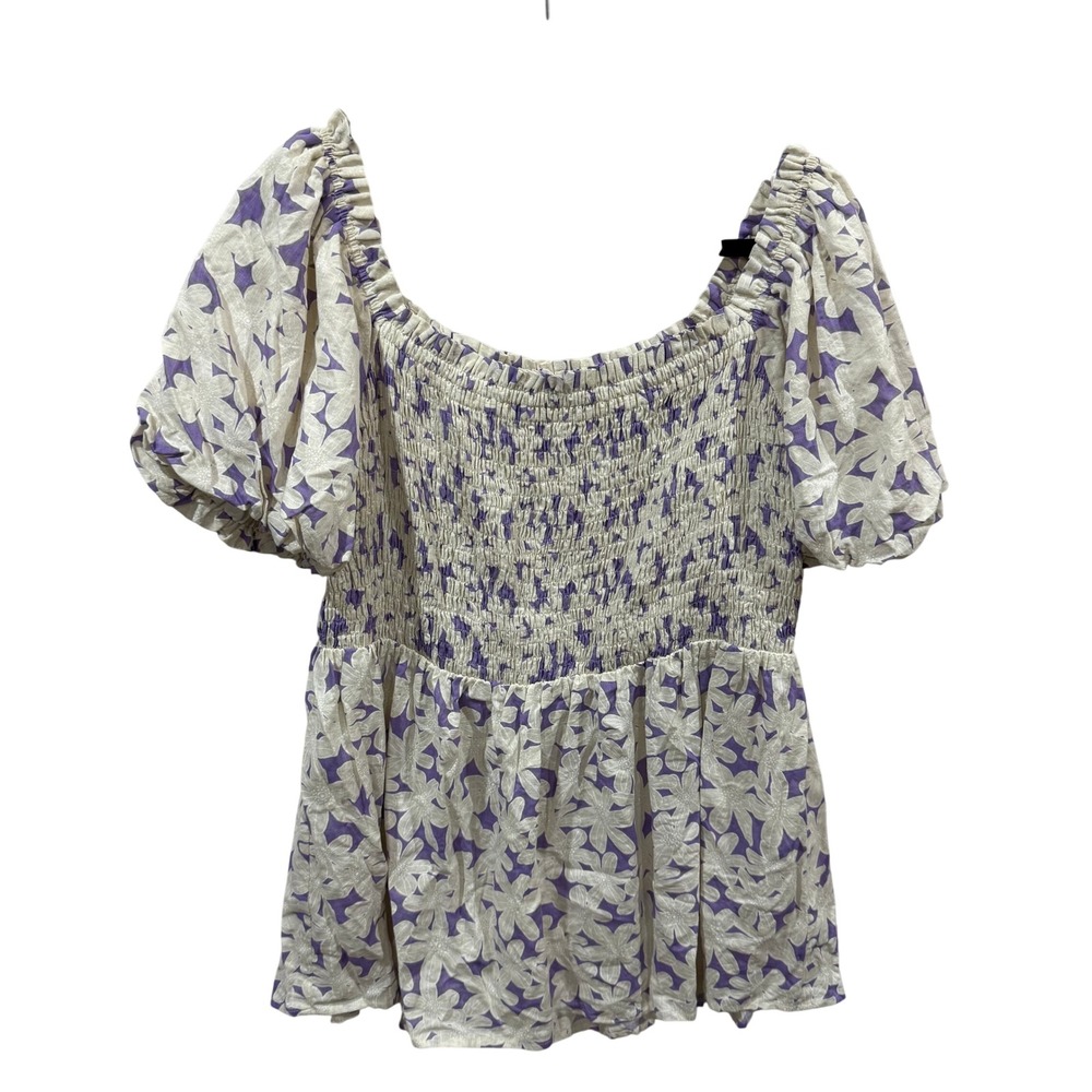 Doe and Rae Purple Floral Smocked Puff Sleeve Peplum Top 1X M43266PL